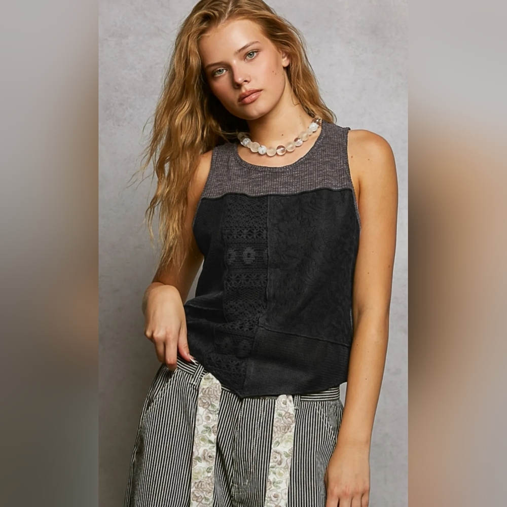 #1135 POL Night Garden Patchwork Top